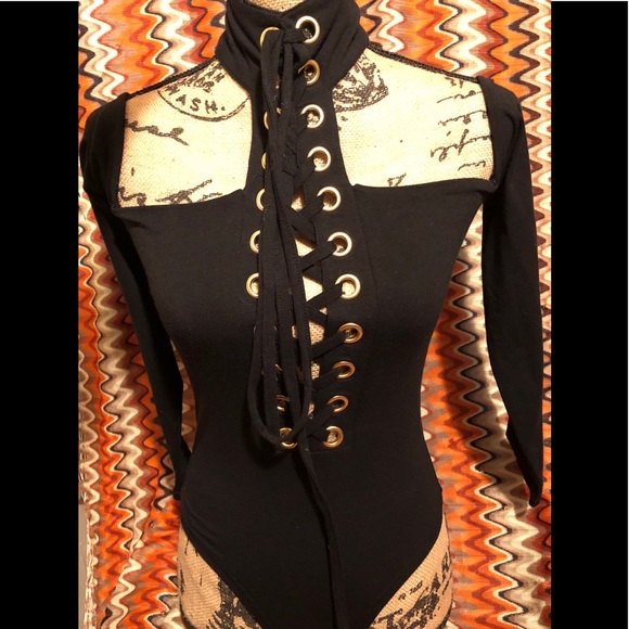 Love University Tops - 🔥NWT🔥Black Bondage BodySuit Choker Gold Rings